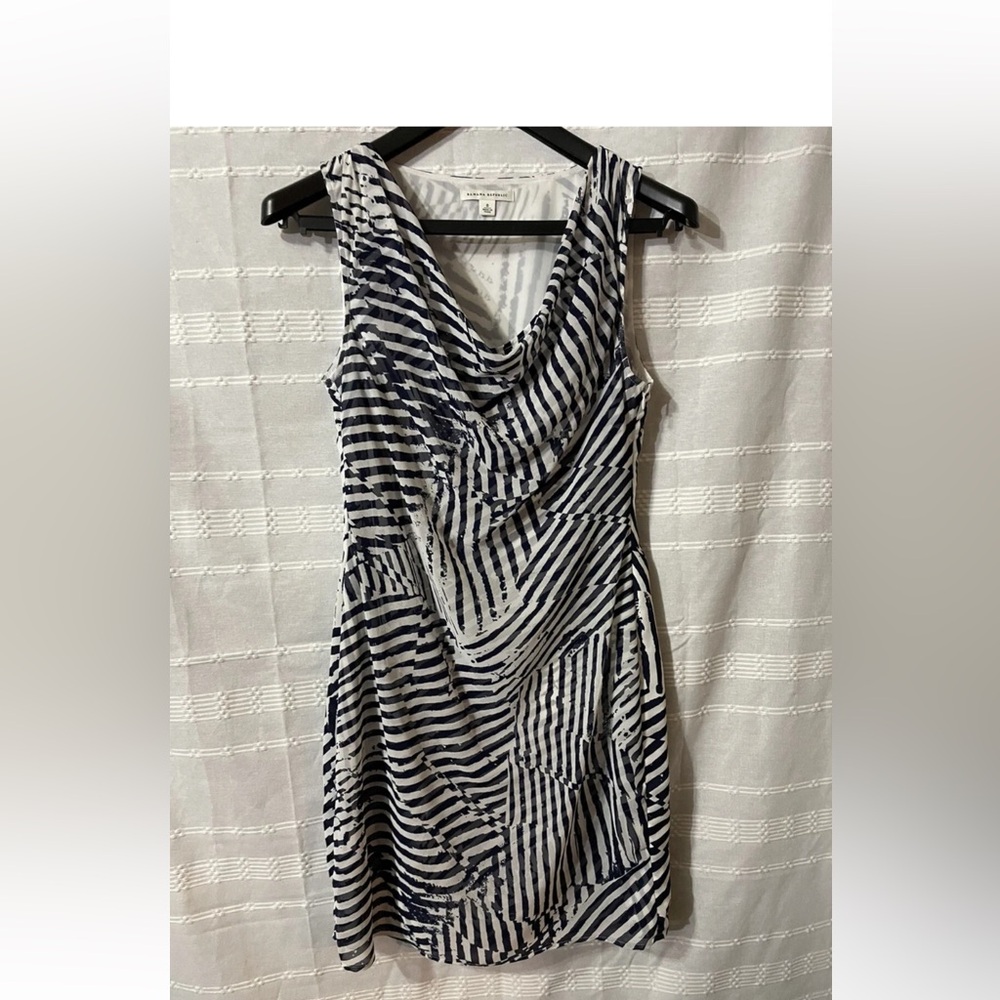 Banana Republic Navy Blue & White Striped Sleeveless  Draped-Neck Dress